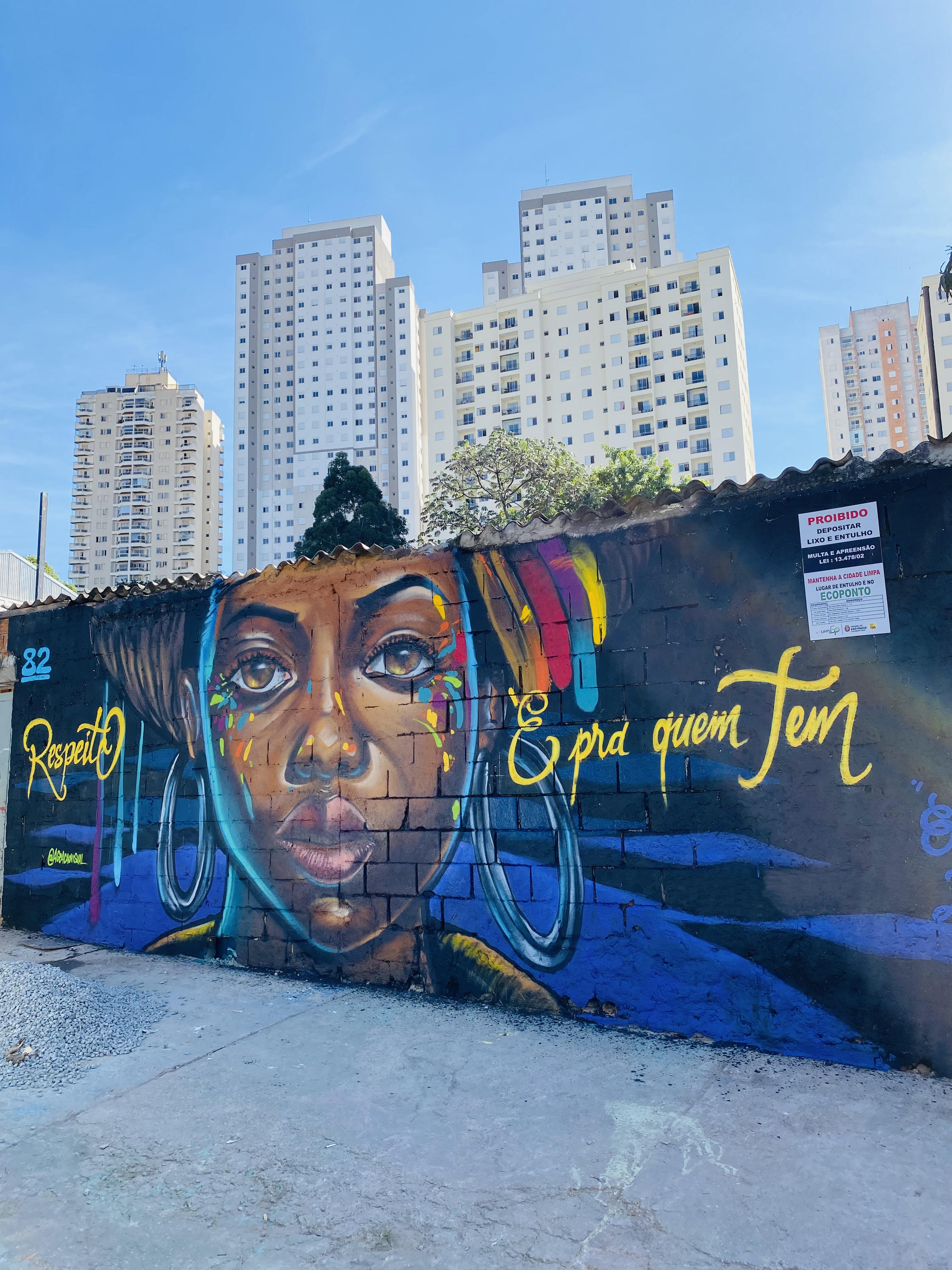 A imagem exibe um mural vibrante pintado em um muro de blocos, com o retrato detalhado de uma mulher negra, destacando-se pelos traços expressivos, acessórios como grandes argolas e detalhes coloridos no rosto. Ao lado do rosto, está escrita a frase em amarelo: "Respeito é pra quem tem". O mural se encontra em um ambiente urbano, com prédios altos ao fundo e um céu azul. Há também uma placa proibindo o descarte irregular de lixo e entulho no local, sugerindo que a área pode estar ligada a um projeto de revitalização ou conscientização social.